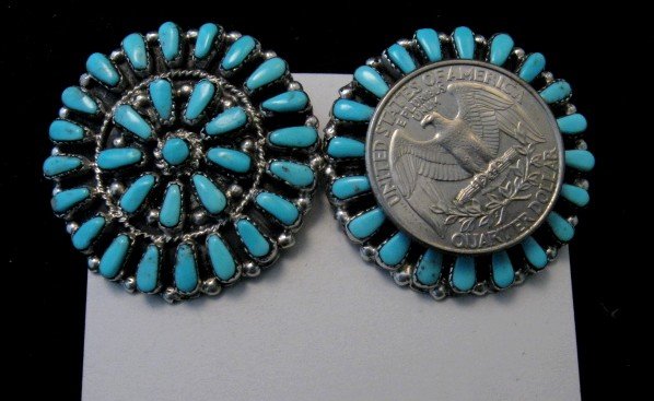 Image 1 of Big Zuni Turquoise Sterling Silver Cluster Earrings, Marcine Stead, Clip-on