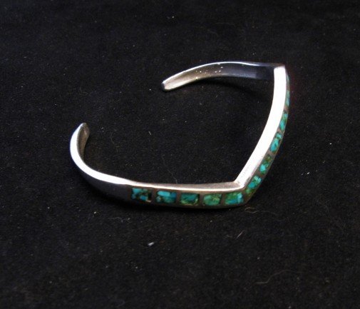 Image 1 of Vintage Zuni Zig Zag Turquoise Chip Inlay Silver Bracelet 