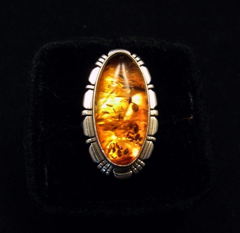 Image 0 of Navajo Native American Amber Sterling Silver Ring sz7, Robert Concho