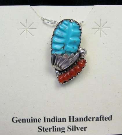 Image 0 of Zuni Native American Carved Turquoise Coral Pendant, Loyolita Othole