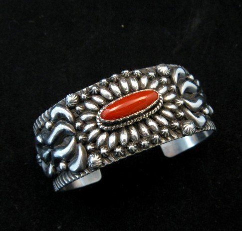 Image 0 of Navajo Native American Coral Sterling Silver Bracelet, Darryl Becenti