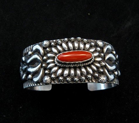 Image 1 of Navajo Native American Coral Sterling Silver Bracelet, Darryl Becenti