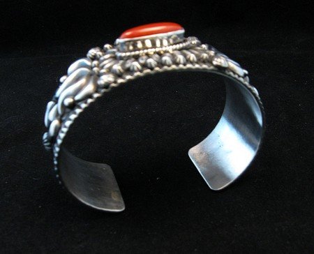 Image 5 of Navajo Native American Coral Sterling Silver Bracelet, Darryl Becenti