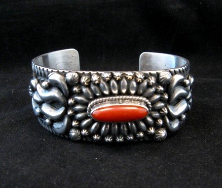 Image 6 of Navajo Native American Coral Sterling Silver Bracelet, Darryl Becenti