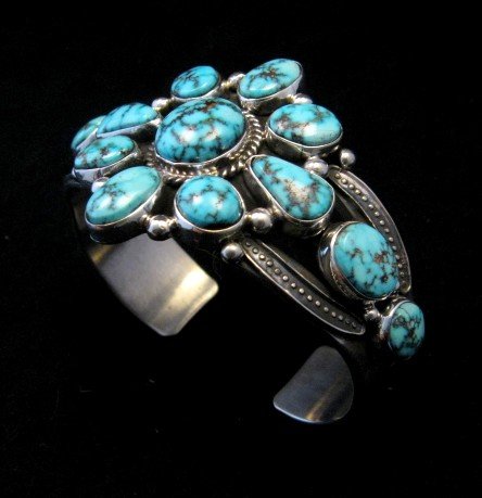 Image 1 of Derrick Gordon Turquoise Cluster Silver Bracelet, Navajo Native American
