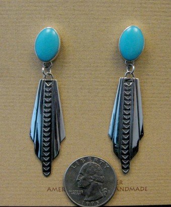 Image 3 of Long Navajo Ronnie Willie Turquoise Post Dangle Earrings
