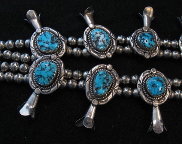 Image 3 of Vintage Native American Turquoise Squash Blossom Necklace, Earrings, V&N Edsitty