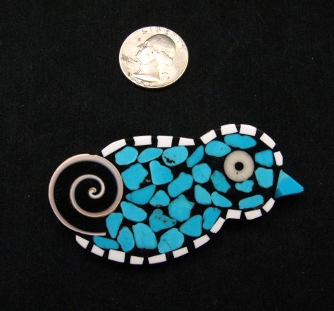 Image 1 of Mary Tafoya Santo Domingo Turquoise Inlay Bird Pin/Pendant