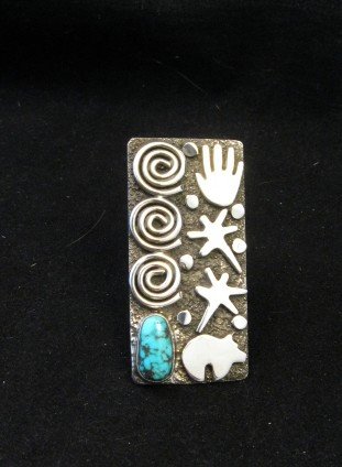 Image 1 of Big Navajo Alex Sanchez Petroglyph Turquoise Silver Ring sz7-1/2