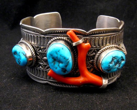Image 7 of Navajo Sleeping Beauty Turquoise Coral Bracelet, Tillie Jon