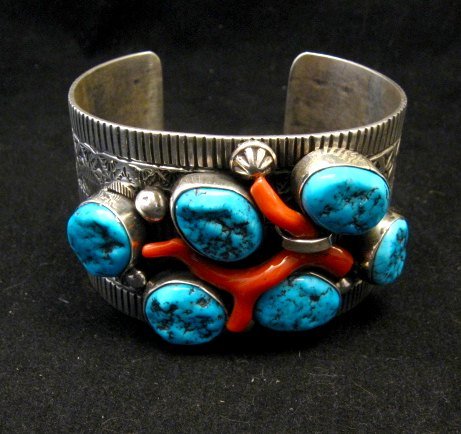 Image 2 of Wide Navajo Native American Sleeping Beauty Turquoise Coral Bracelet, Tillie Jon