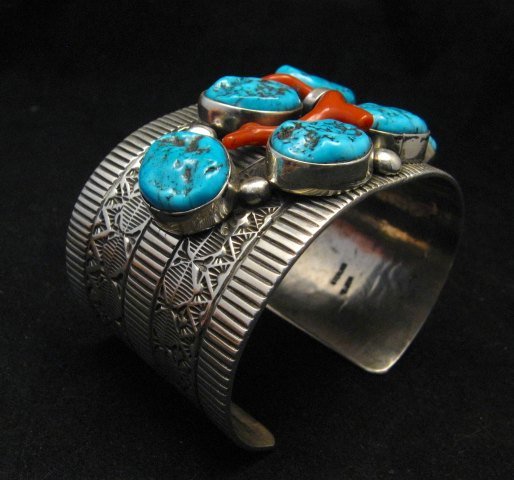Image 3 of Wide Navajo Native American Sleeping Beauty Turquoise Coral Bracelet, Tillie Jon