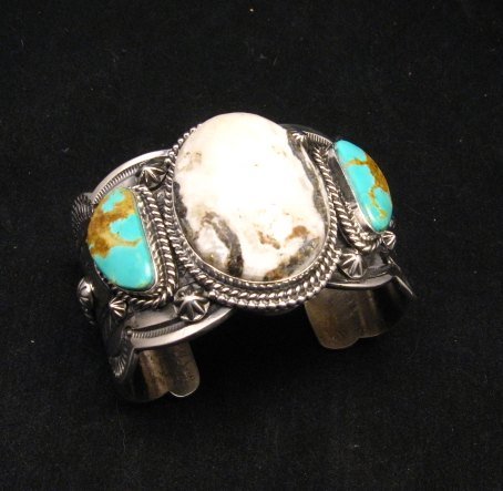 Image 2 of Navajo Old Pawn Style White Buffalo & Royston Turquoise Bracelet by Gilbert Tom