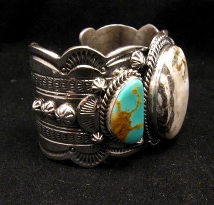 Image 4 of Navajo Old Pawn Style White Buffalo & Royston Turquoise Bracelet by Gilbert Tom