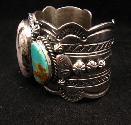 Image 5 of Navajo Old Pawn Style White Buffalo & Royston Turquoise Bracelet by Gilbert Tom