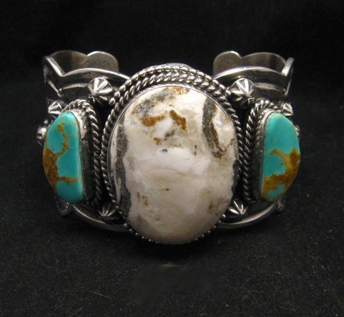 Image 3 of Navajo Old Pawn Style White Buffalo & Royston Turquoise Bracelet by Gilbert Tom