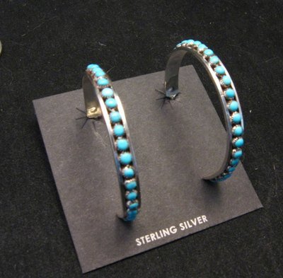 Image 0 of Big Zuni Sleeping Beauty Turquoise Sterling Silver Hoop Earrings, Lois Tzuni