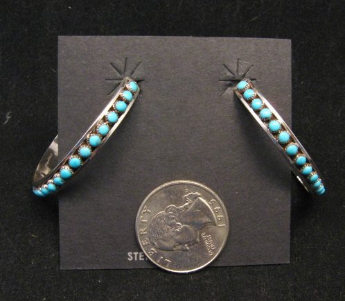 Image 1 of Big Zuni Sleeping Beauty Turquoise Sterling Silver Hoop Earrings, Lois Tzuni