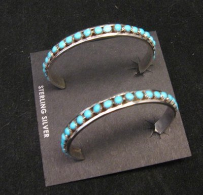 Image 4 of Big Zuni Sleeping Beauty Turquoise Sterling Silver Hoop Earrings, Lois Tzuni