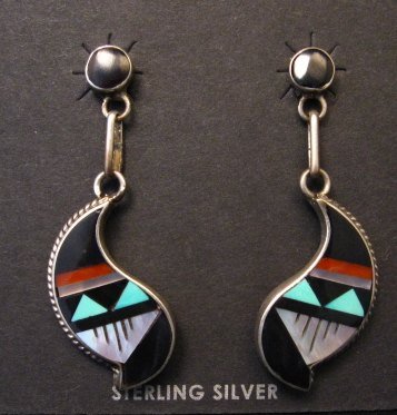 Image 0 of Pawn Zuni Multi Inlay Dangle Earrings Native American Delberta Boone