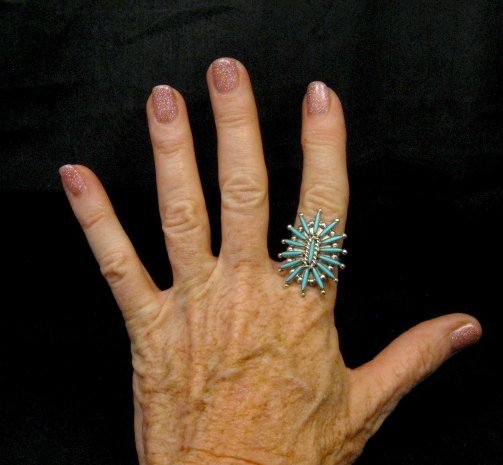Image 2 of Zuni Indian Jewelry Turquoise Needlepoint Ring sz9 Cordelia & Lance Waatsa