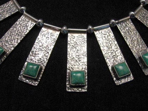 Image 2 of Navajo Everett & Mary Teller Turquoise Hammered Silver Necklace