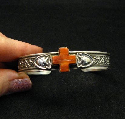 Image 1 of Navajo Spiny Oyster Cross Silver Bracelet, Darrell Cadman 