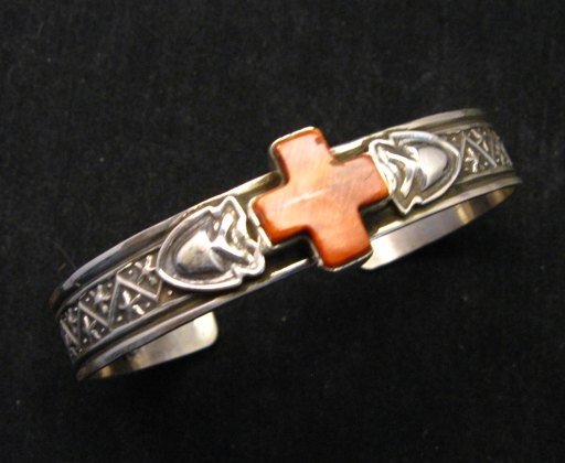 Image 2 of Navajo Spiny Oyster Cross Silver Bracelet, Darrell Cadman 