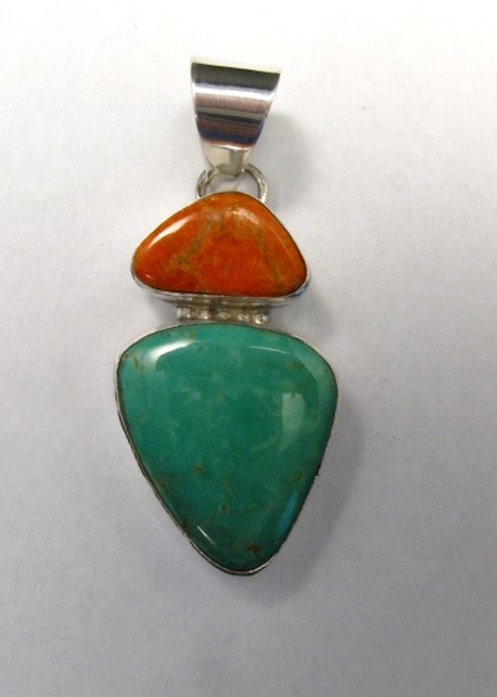 Image 0 of Navajo 2-stone Turquoise Spiny Oyster Silver Pendant, Everett Mary Teller