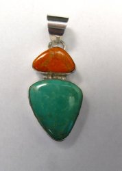 Navajo 2-stone Turquoise Spiny Oyster Silver Pendant, Everett Mary Teller