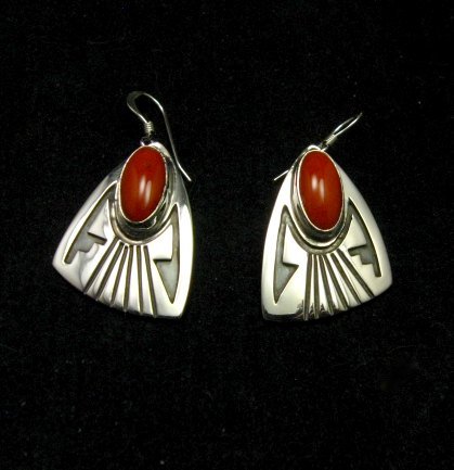 Image 0 of Navajo Handmade Silver Coral Earrings, Everett & Mary Teller