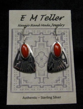 Image 2 of Navajo Handmade Silver Coral Earrings, Everett & Mary Teller