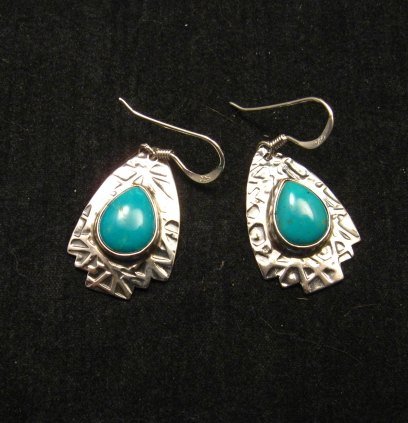 Image 0 of Navajo Everett & Mary Teller Turquoise Textured Silver Arrowhead Earrings 