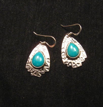 Image 1 of Navajo Everett & Mary Teller Turquoise Textured Silver Arrowhead Earrings 