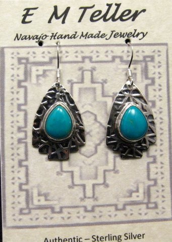 Image 2 of Navajo Everett & Mary Teller Turquoise Textured Silver Arrowhead Earrings 