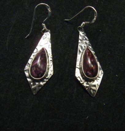 Image 0 of Navajo Everett & Mary Teller Purple Spiny Oyster Hammered Silver Earrings 