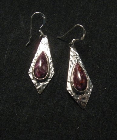 Image 1 of Navajo Everett & Mary Teller Purple Spiny Oyster Hammered Silver Earrings 