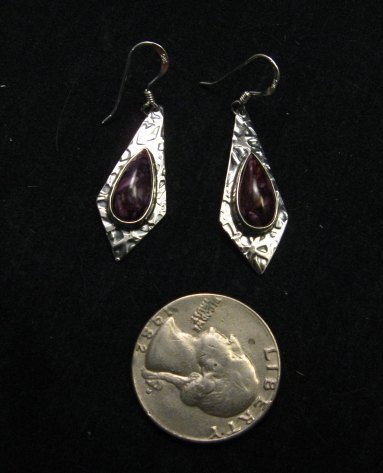 Image 2 of Navajo Everett & Mary Teller Purple Spiny Oyster Hammered Silver Earrings 