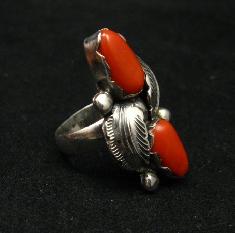 Image 1 of Vintage Zuni 2-stone Coral Silver Ring, Carmelita Simplicio, sz6-1/2