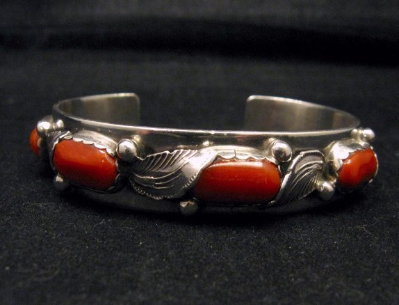 Image 1 of Vintage Zuni 5-stone Coral Silver Bracelet, Carmelita Simplicio 