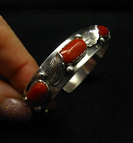 Image 4 of Vintage Zuni 5-stone Coral Silver Bracelet, Carmelita Simplicio 