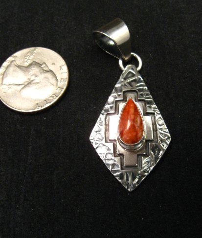 Image 2 of Navajo Spiny Oyster Fashion Cut Hammered Silver Pendant, Everett Mary Teller