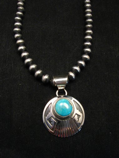 Image 0 of Navajo Circle Silver Overlay Turquoise Navajo Pendant, Everett & Mary Teller