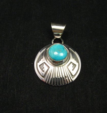 Image 3 of Navajo Circle Silver Overlay Turquoise Navajo Pendant, Everett & Mary Teller