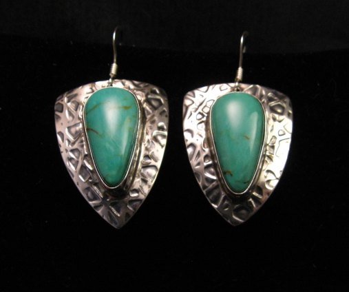 Image 0 of Navajo Kingman Turquoise Hammered Silver Shield Earrings, Everett & Mary Teller 
