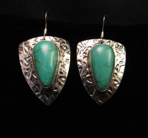Image 2 of Navajo Kingman Turquoise Hammered Silver Shield Earrings, Everett & Mary Teller 