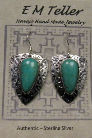 Image 1 of Navajo Kingman Turquoise Hammered Silver Shield Earrings, Everett & Mary Teller 