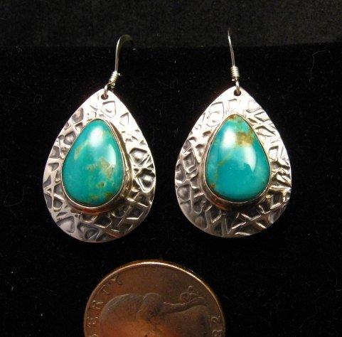 Image 1 of Navajo Turquoise Hammered Sterling Silver Earrings, Everett & Mary Teller 