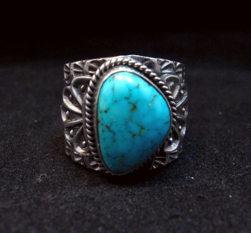 Image 0 of Wide Navajo Native American Sunshine Reeves Turquoise Ring sz8-3/4