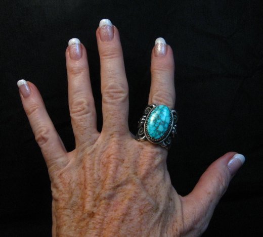 Image 5 of Wide Navajo Kingman Birdseye Turquoise Silver Ring Sz11, Delbert Gordon 